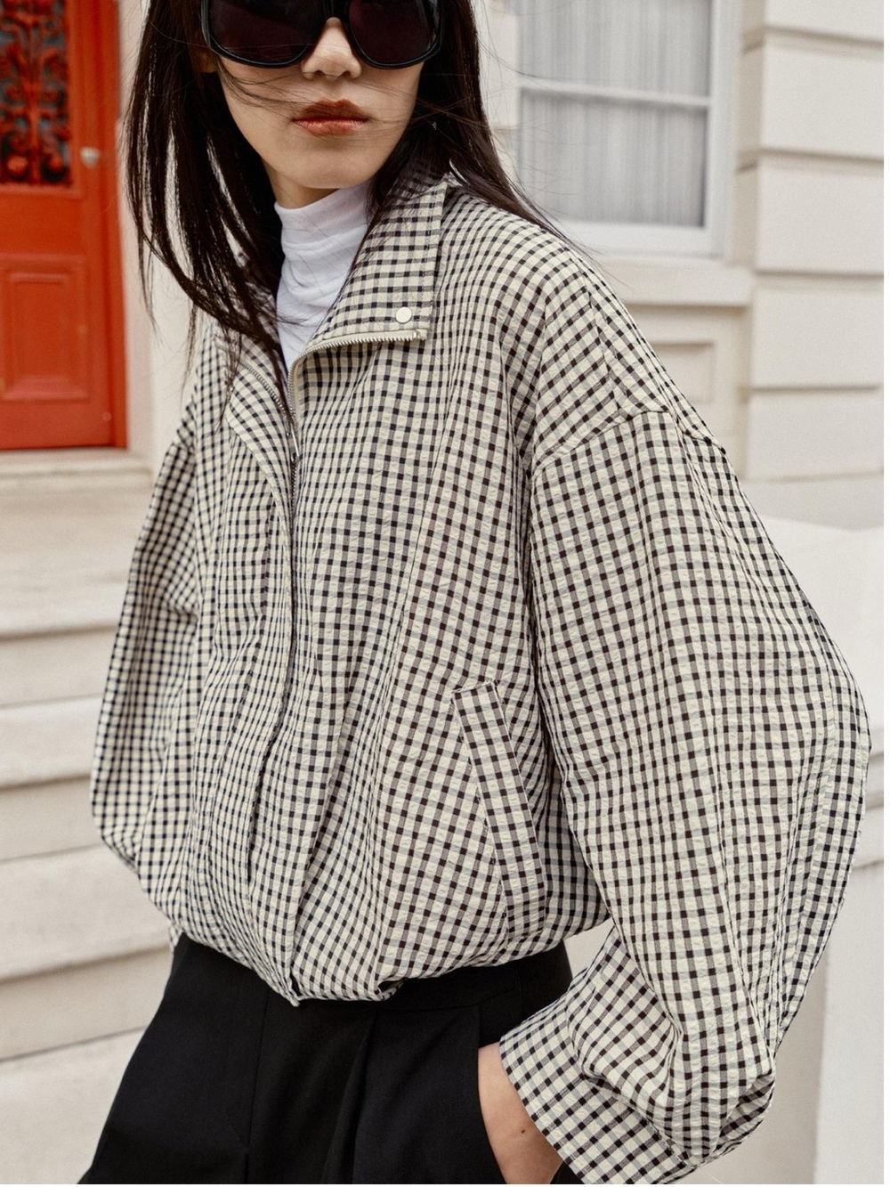 Zara Plaid Bomber Jacket with High Collar - Black & Ecru NWT